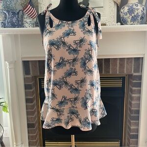 Entro Blue and Pink Ruffled Shoulder Tie Sleeveless Top